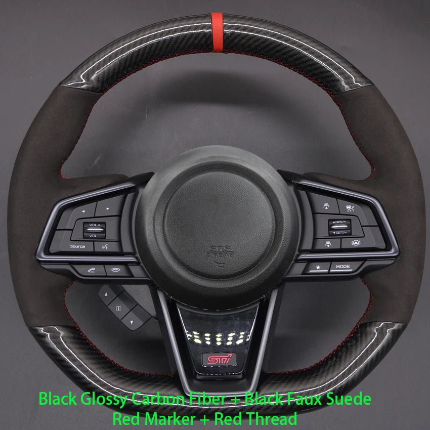 Black glossy carbon fiber steering wheel with red accents on a gray background