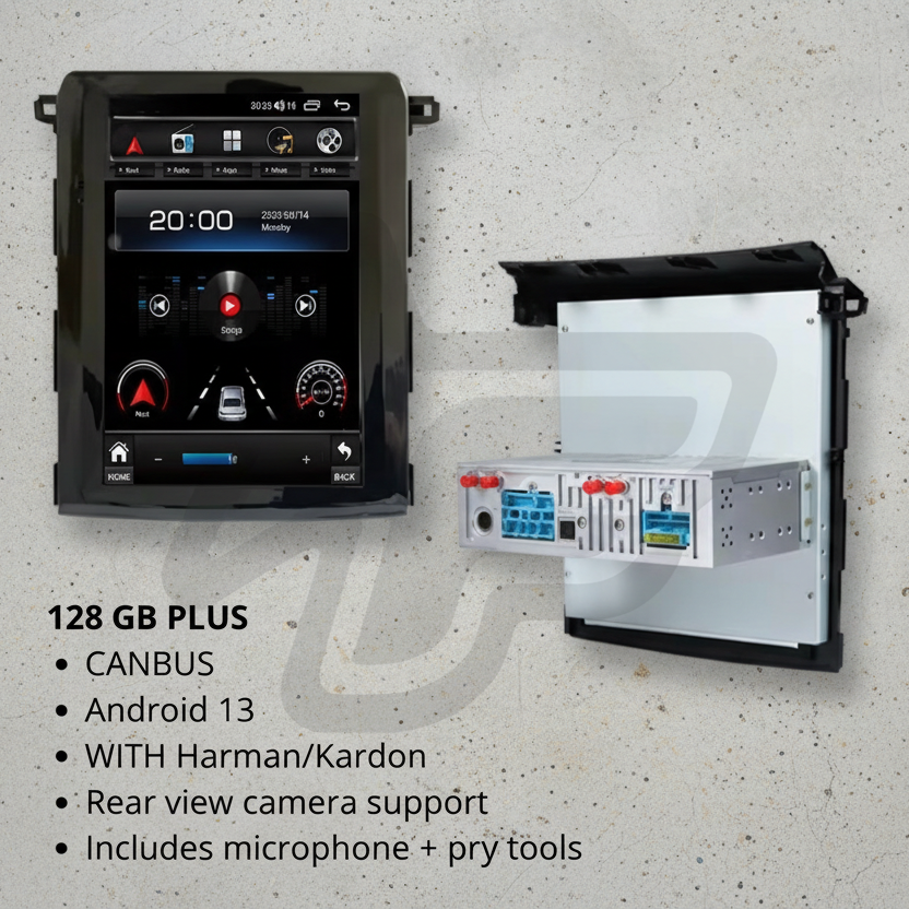 Car stereo system with display and mounting bracket on a white background