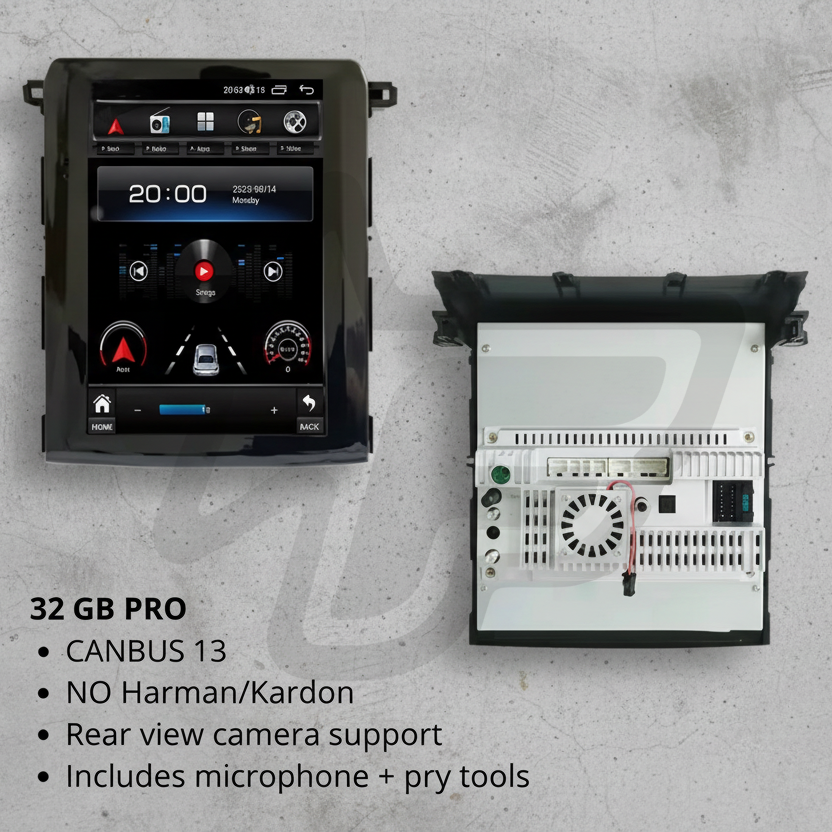 Car stereo system with digital display and technical components on a white background