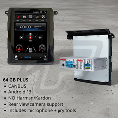 Car stereo system with display and mounting bracket on a white background