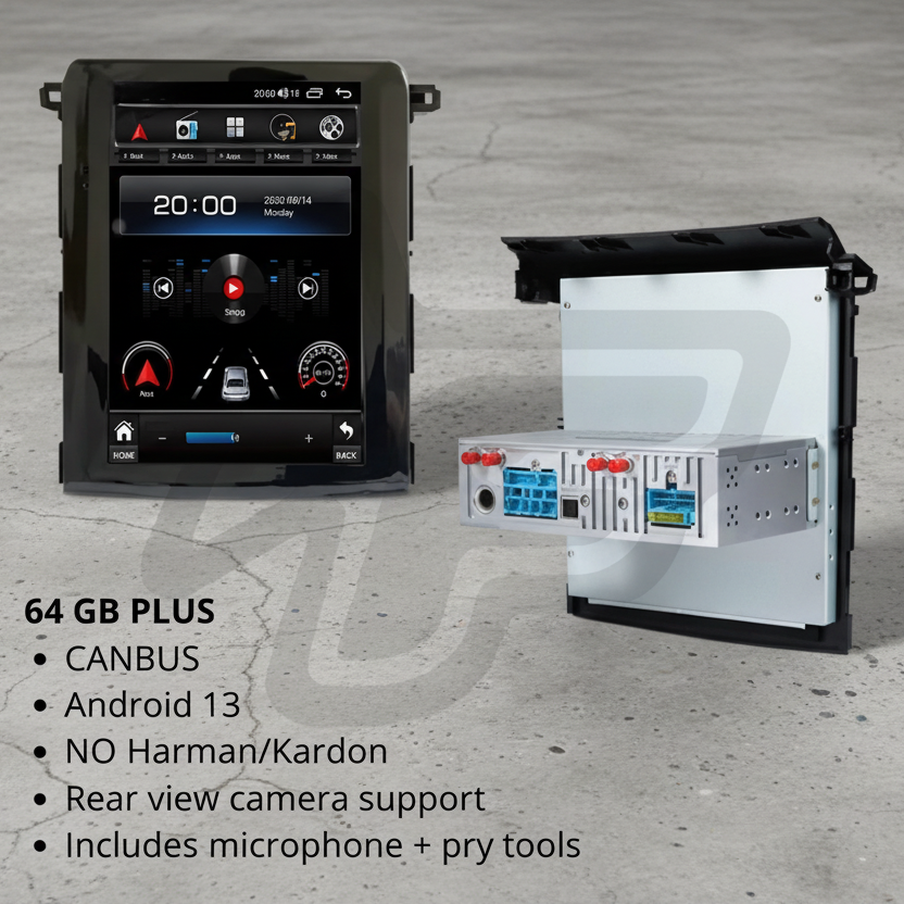 Car stereo system with display and mounting bracket on a white background