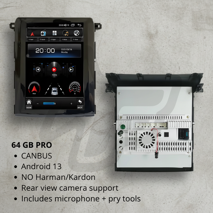 Car stereo system with digital display and technical specifications listed.