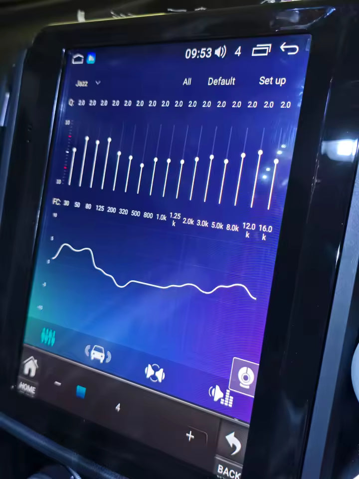 Car stereo system display with audio equalizer settings on a blue screen