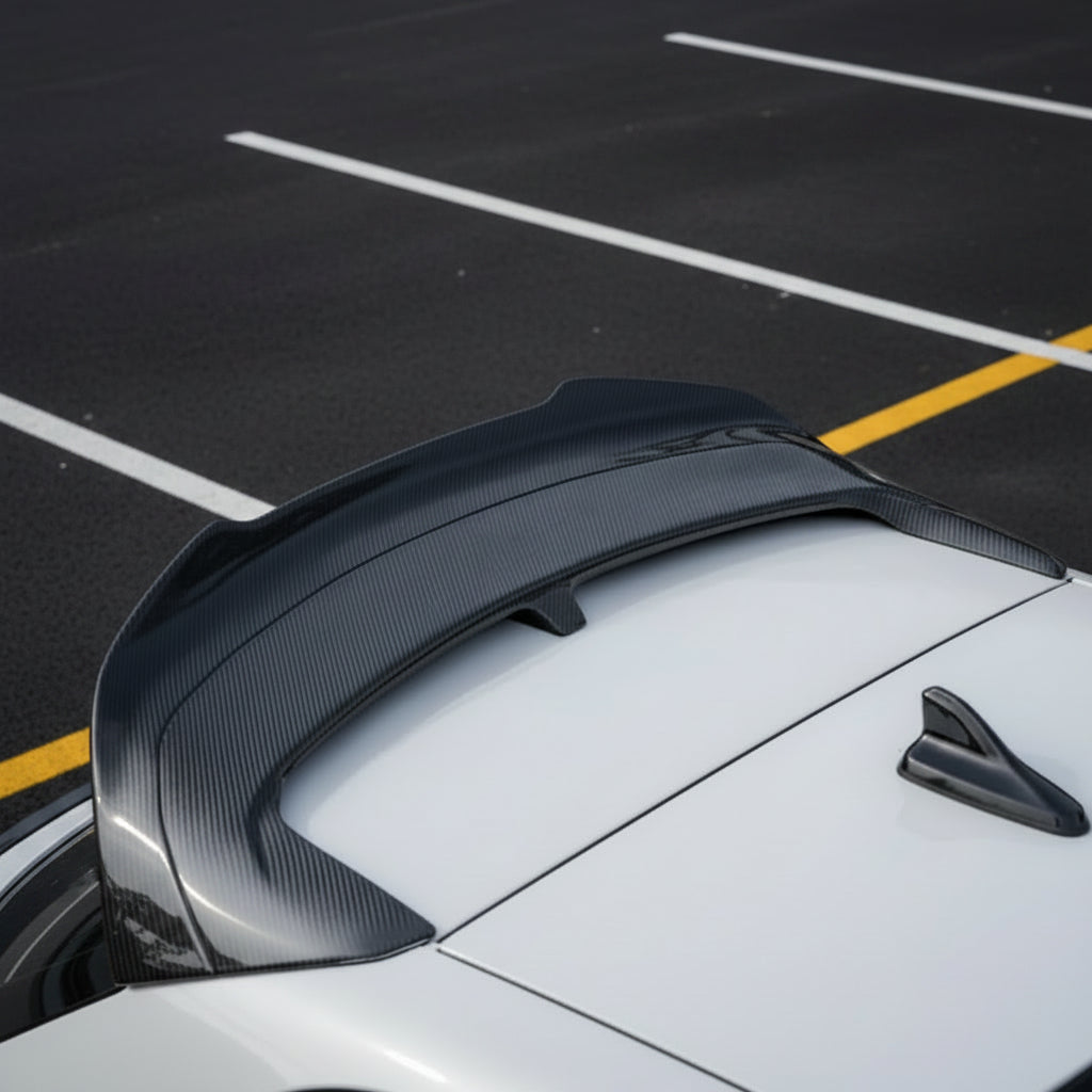 A close-up of a black carbon fiber rear trunk spoiler installed on the trunk of a silver car, with a gray asphalt surface in the background.
