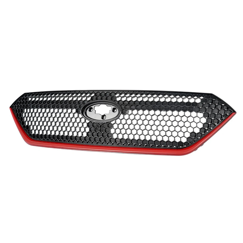 Car grille with honeycomb design and red border on a white background