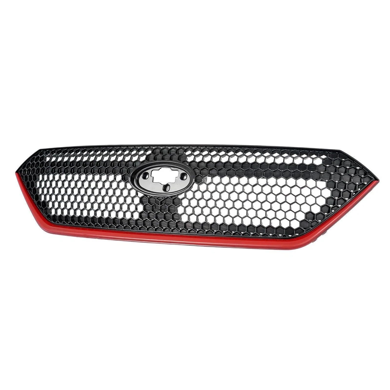 Car grille with honeycomb design and red border on a white background