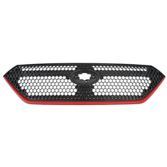 Car grille with black honeycomb design and red border on a white background