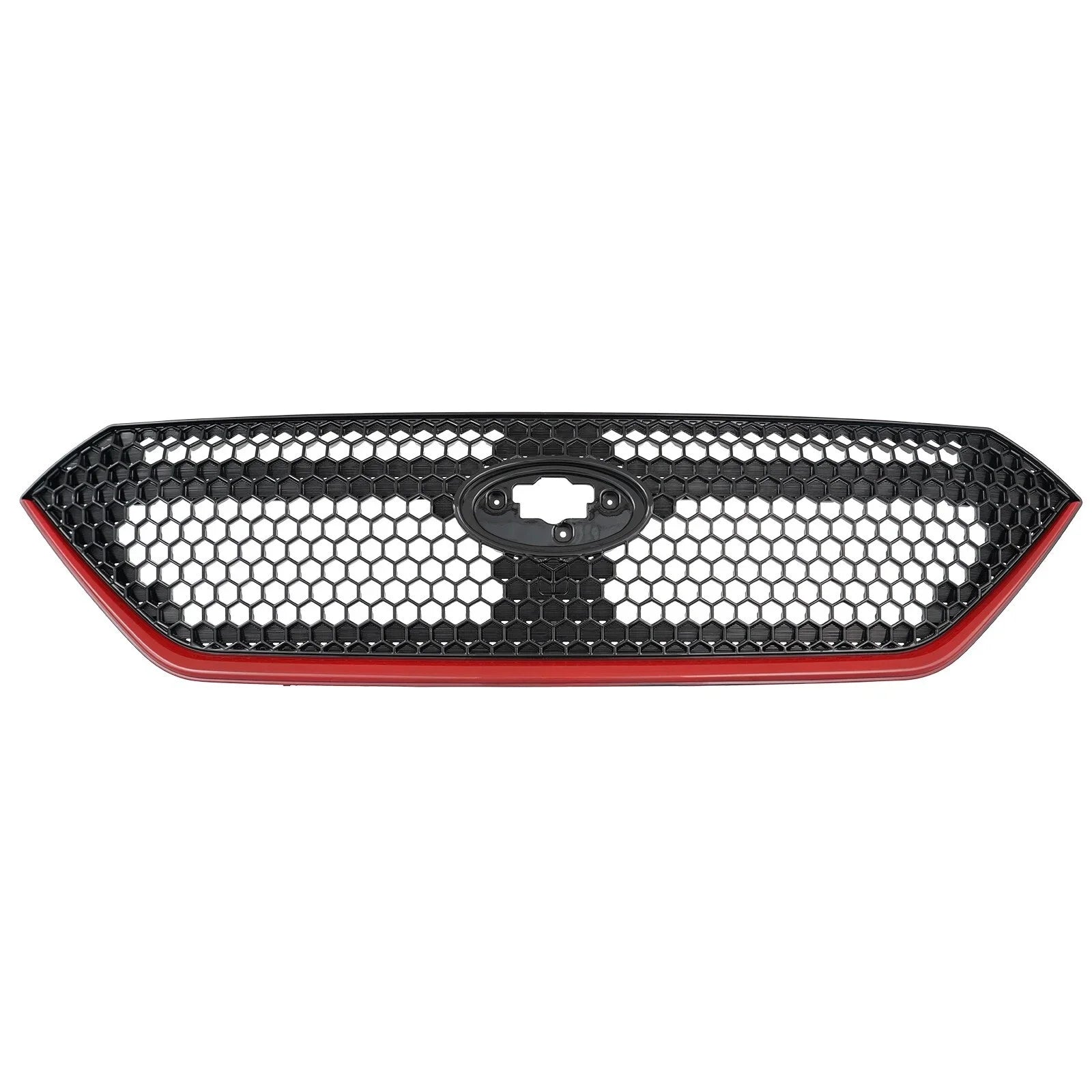 Car grille with black honeycomb design and red border on a white background