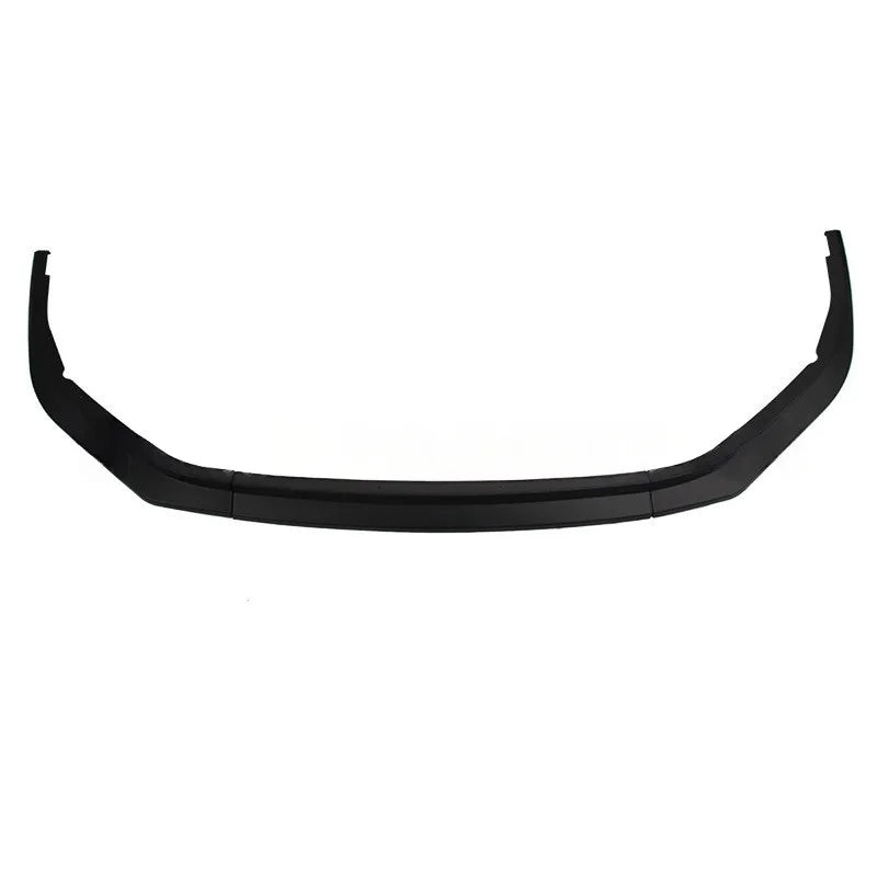 A black plastic automotive bumper lip or front splitter trim piece, shown from a front-facing perspective against a solid white background.