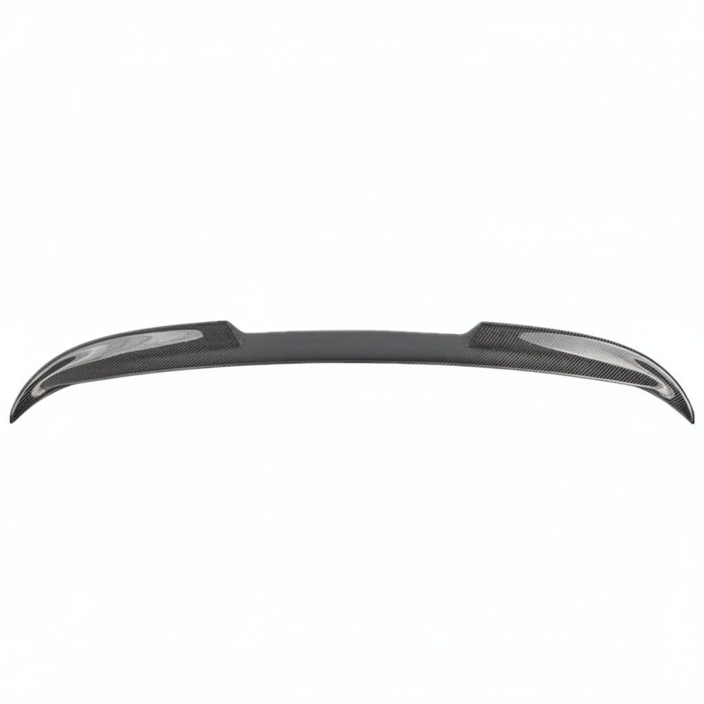 Carbon fiber car spoiler on a blue Subaru WRX with a white background