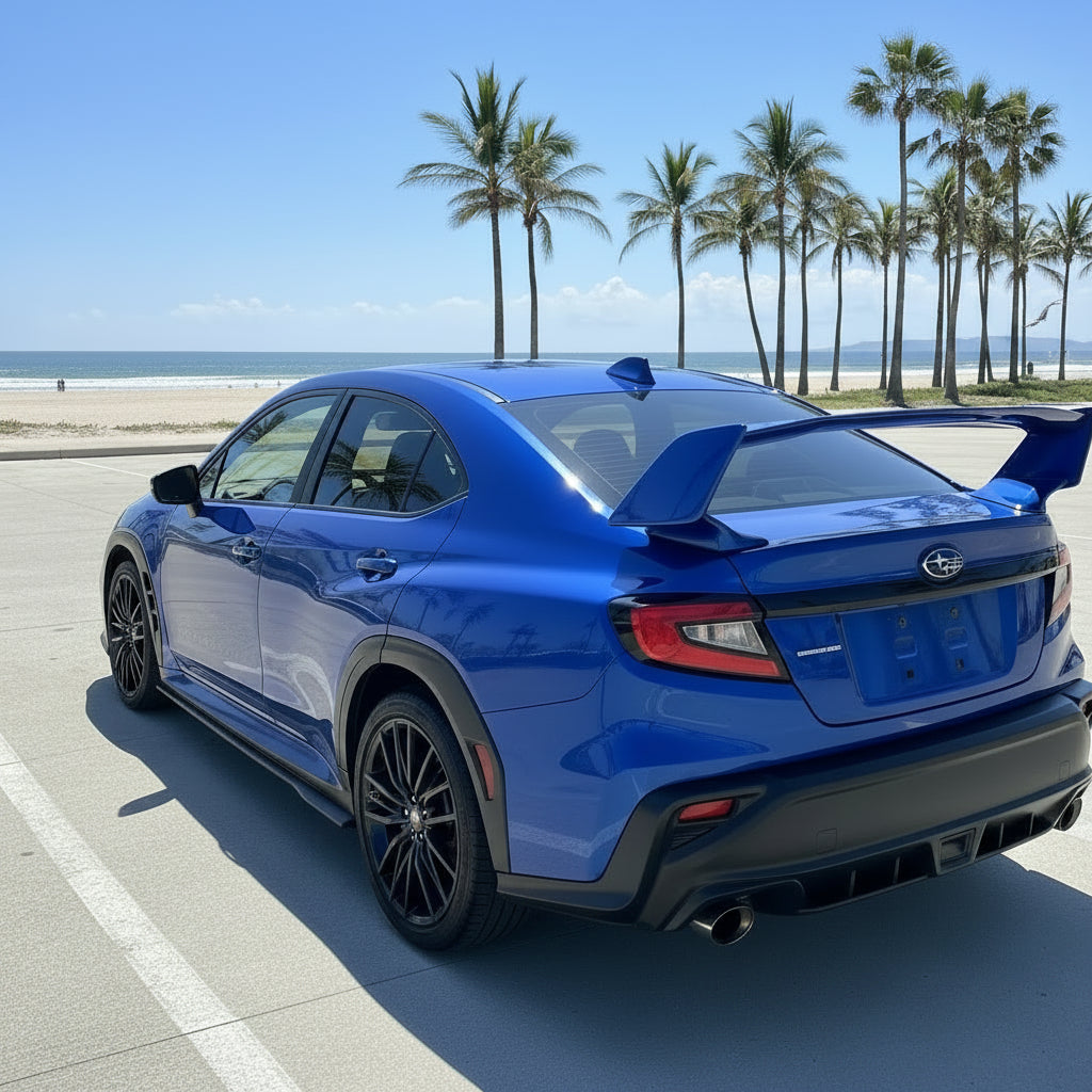 A bright blue sports car shown from the rear three-quarter angle in a workshop, featuring a prominent black rear spoiler. The car is parked on a gray checkered floor inside a garage with shelves and other automotive parts in the background.