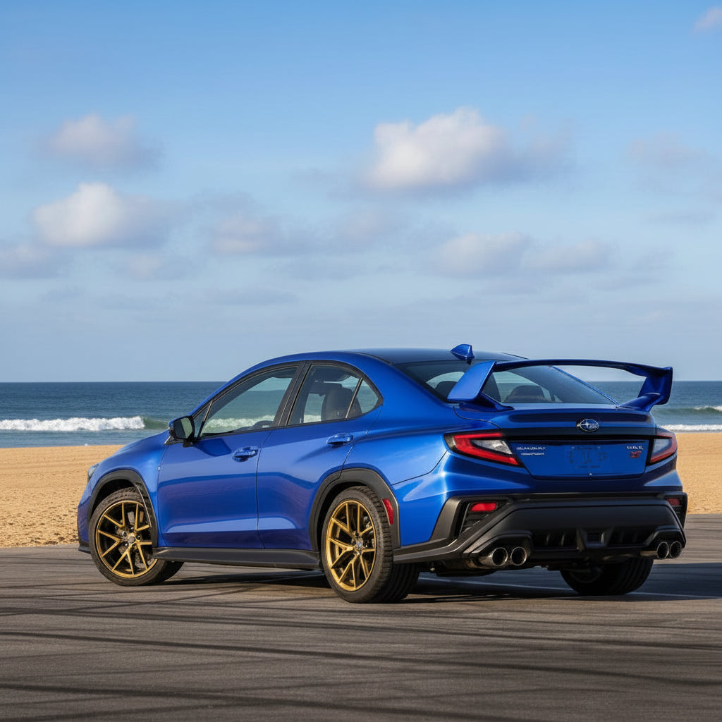 A blue Subaru WRX sedan shown from the rear three-quarter angle on a racetrack with mountains in the background. The car features a large rear spoiler, black diffuser, dual exhaust, and gold multi-spoke wheels.