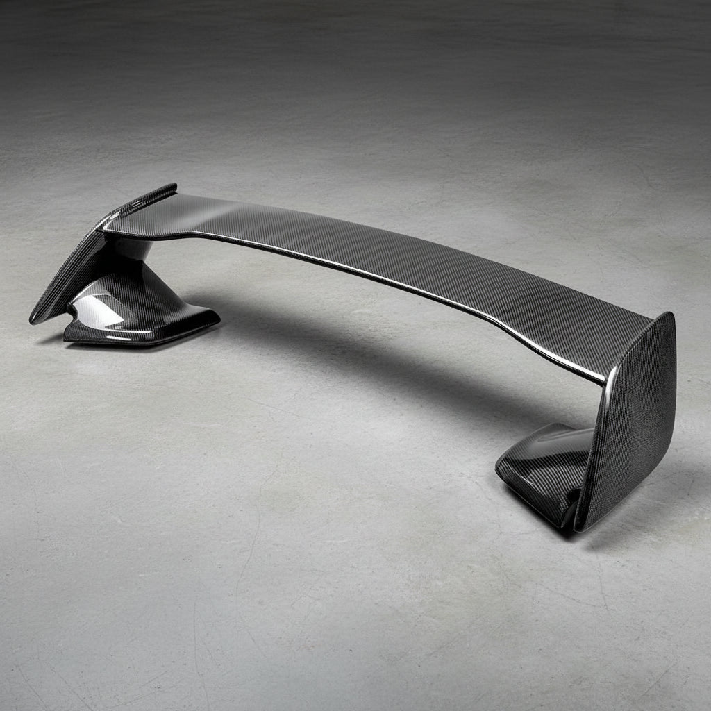 A carbon fiber rear spoiler wing with a glossy woven texture, displayed on a clean white background with a soft shadow. The Ebsongio brand logo is visible in the bottom right corner.