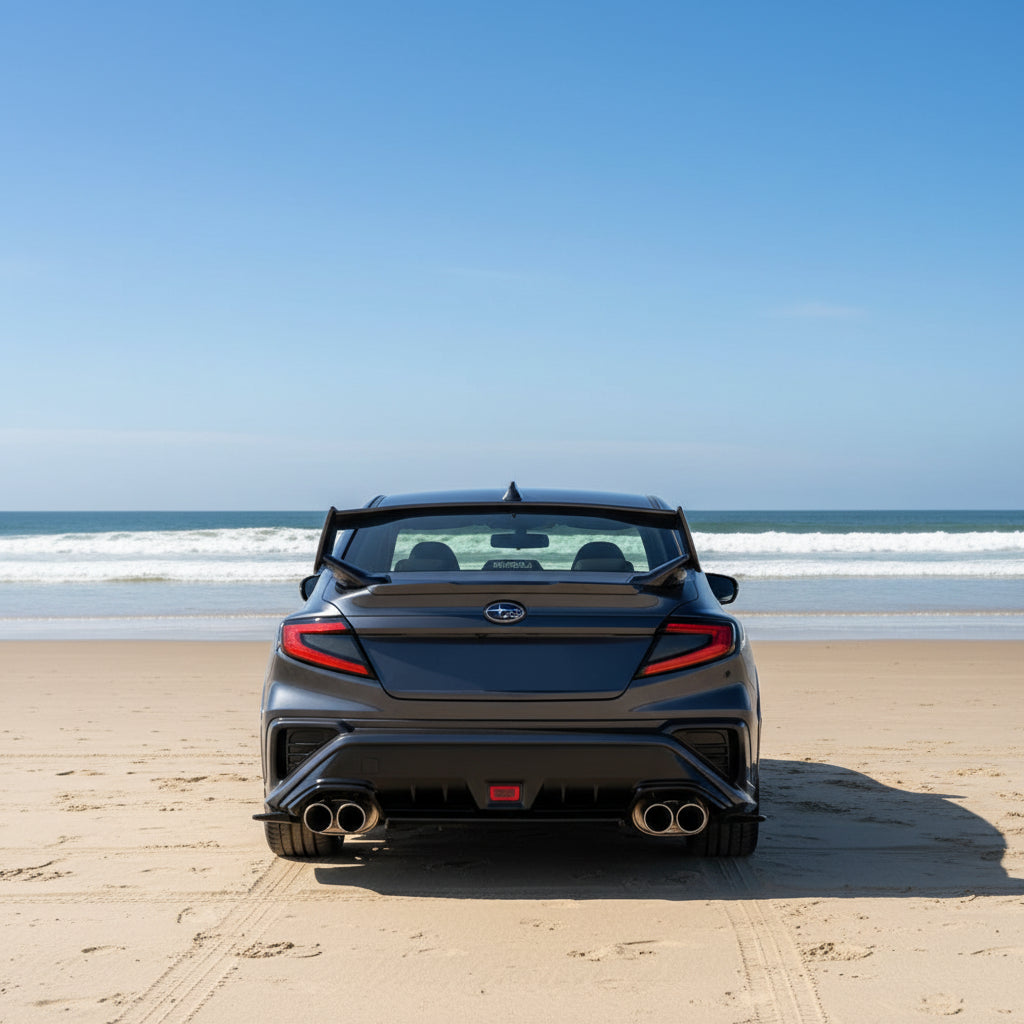 Rear three-quarter view of a black Subaru WRX with a large black rear spoiler, dual exhausts, and a license plate reading ES00UP, parked outdoors in front of a white building.