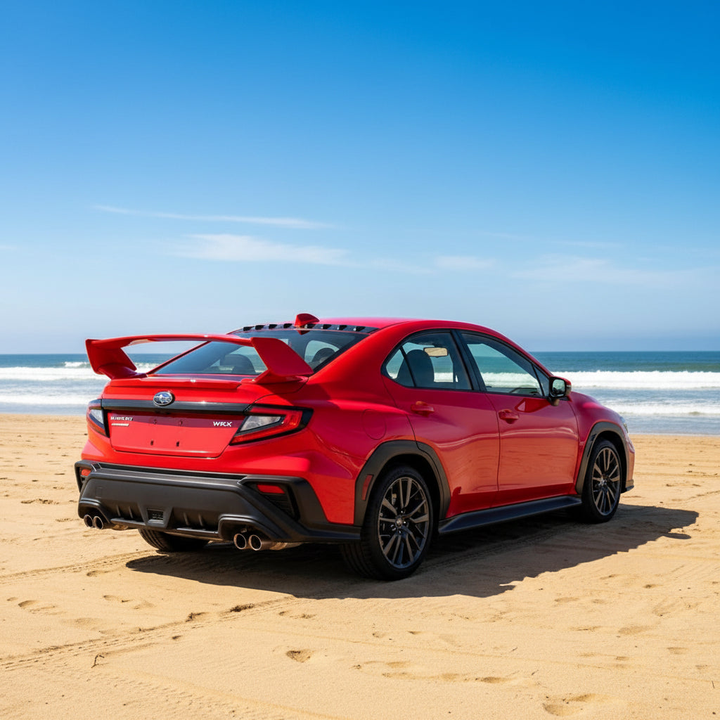 A red Subaru WRX sports car photographed outdoors from the rear three-quarter angle, showing the large rear spoiler, black diffuser, dual exhaust, tinted windows, and dark alloy wheels. A house, fence, and trees are visible in the background.