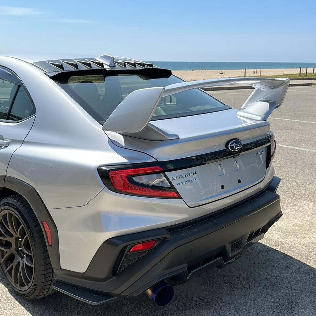 A silver Subaru WRX STI rear three-quarter view showing a large silver rear spoiler mounted on the trunk, with a Japanese license plate and outdoor background.