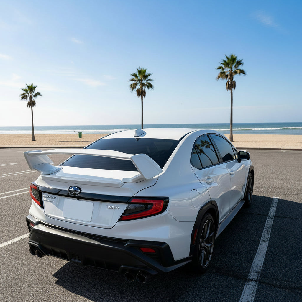 White Subaru WRX sedan shown from the rear three-quarter angle, featuring a large white rear wing spoiler and a black diffuser on a paved outdoor parking lot.