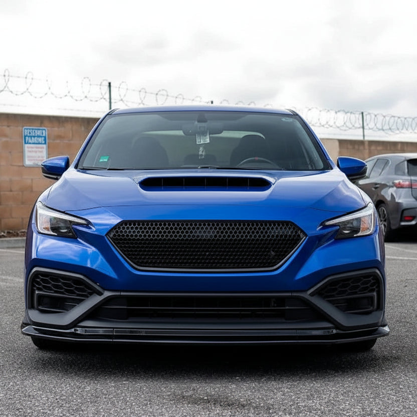 White car with a black grille and front bumper in an outdoor setting