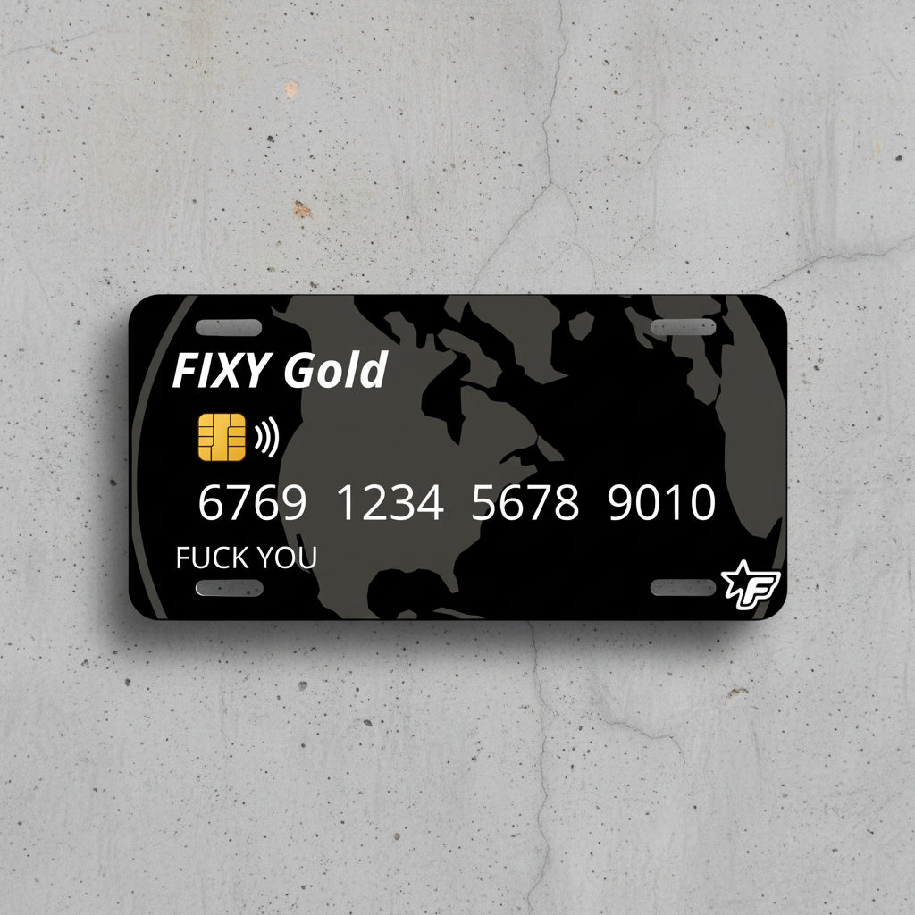 Black license plate with text and design elements on a white background