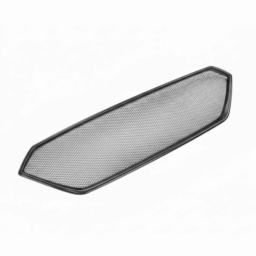 Black mesh grille with carbon fiber texture inset on a white background