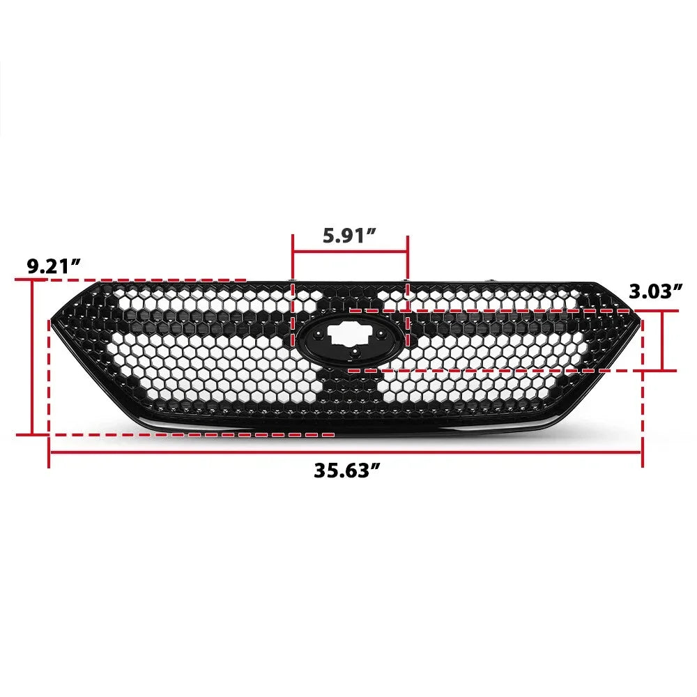 Car grille with measurements on a white background